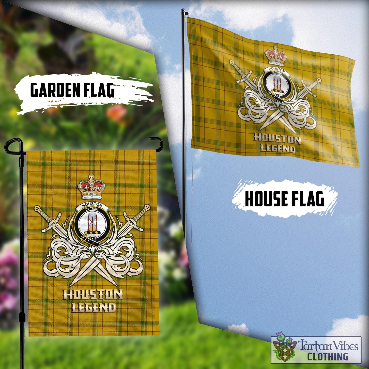 Tartan Vibes Clothing Houston Tartan Flag with Clan Crest and the Golden Sword of Courageous Legacy