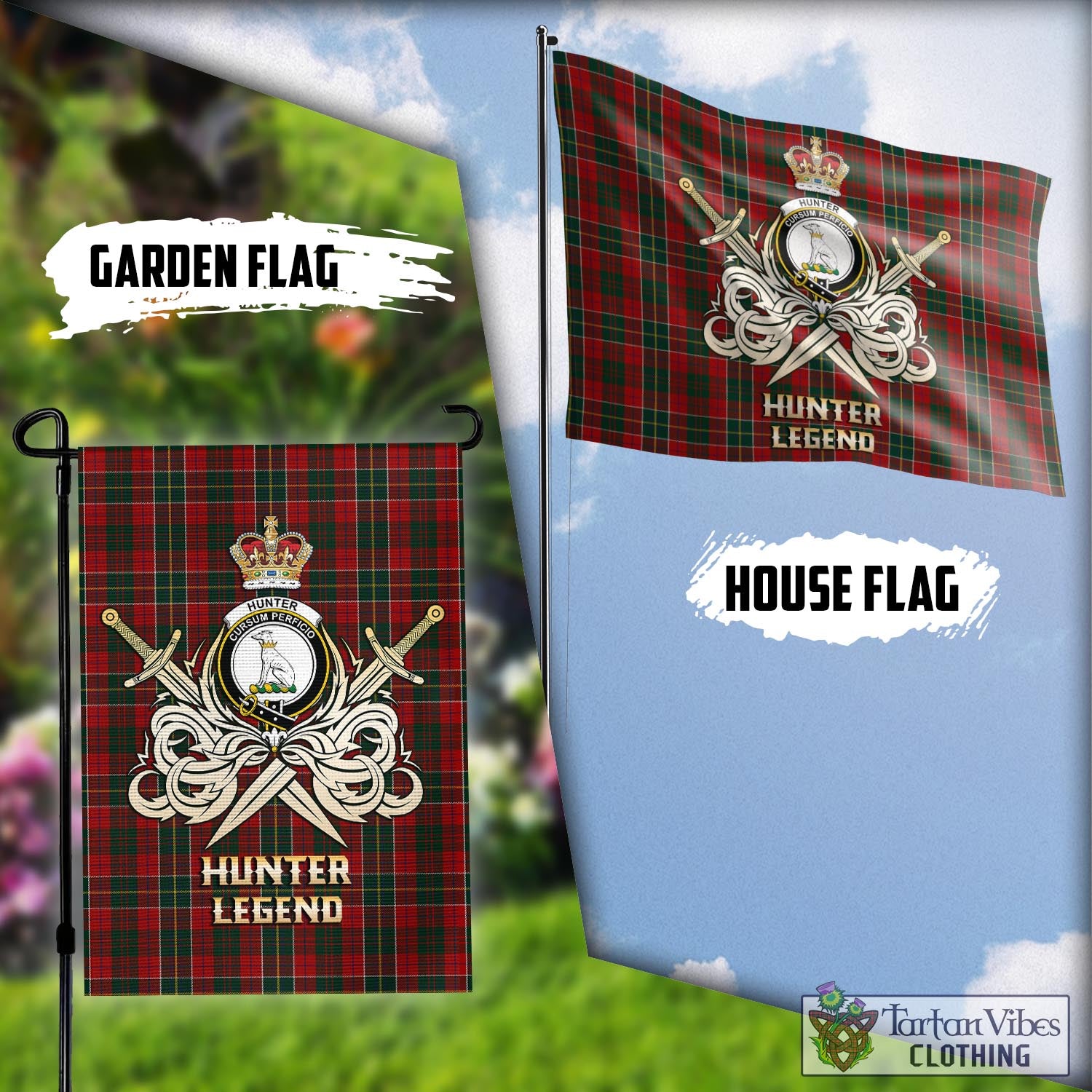 Tartan Vibes Clothing Hunter USA Tartan Flag with Clan Crest and the Golden Sword of Courageous Legacy