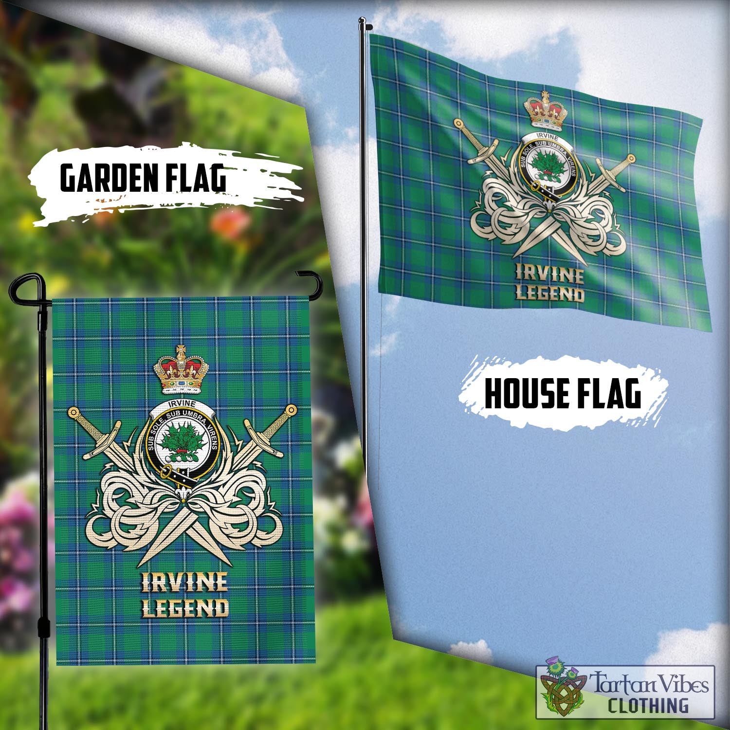 Tartan Vibes Clothing Irvine Ancient Tartan Flag with Clan Crest and the Golden Sword of Courageous Legacy