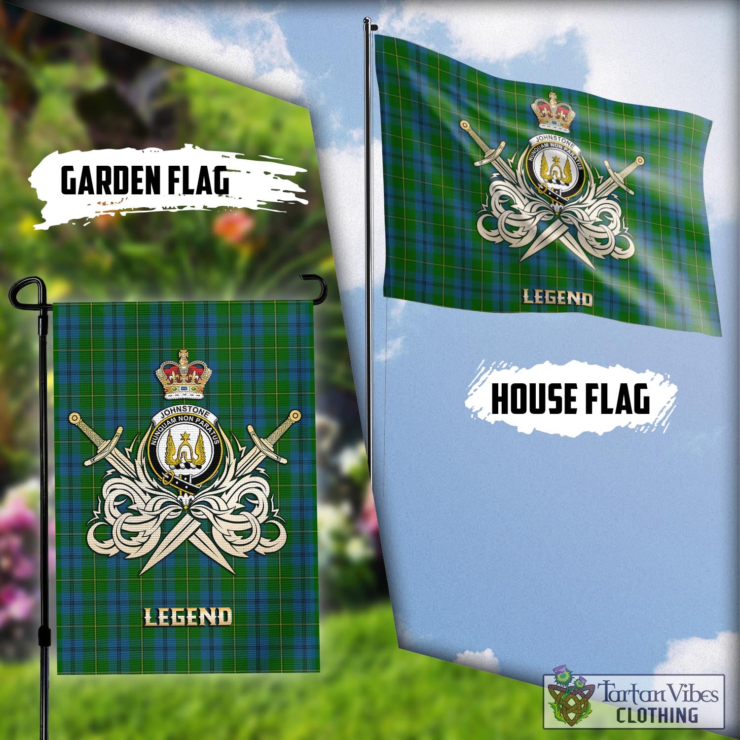 Tartan Vibes Clothing Johnstone-Johnston Tartan Flag with Clan Crest and the Golden Sword of Courageous Legacy