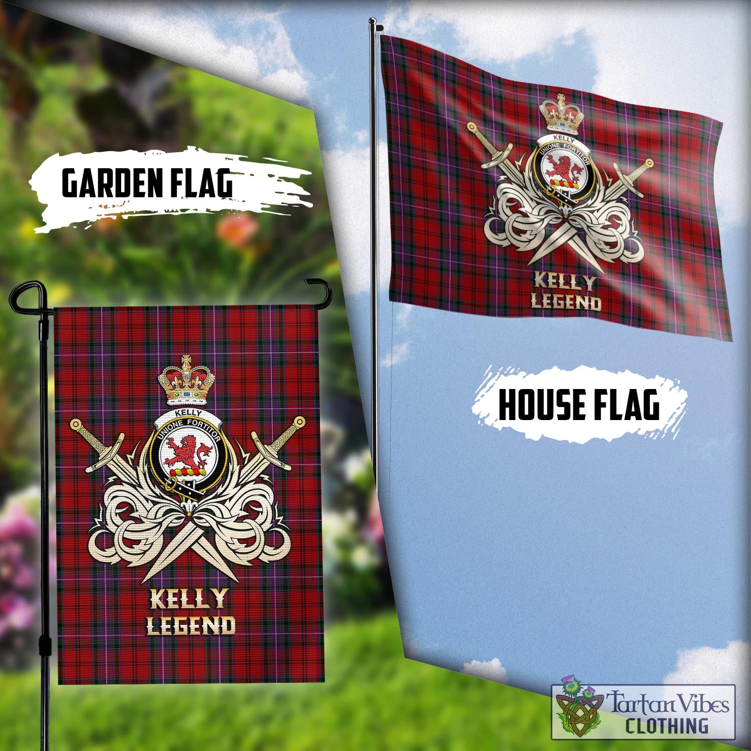 Tartan Vibes Clothing Kelly of Sleat Red Tartan Flag with Clan Crest and the Golden Sword of Courageous Legacy