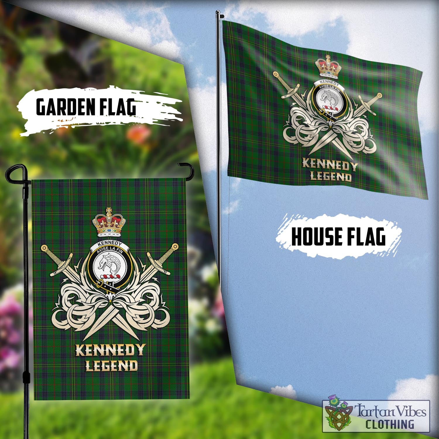 Tartan Vibes Clothing Kennedy Tartan Flag with Clan Crest and the Golden Sword of Courageous Legacy