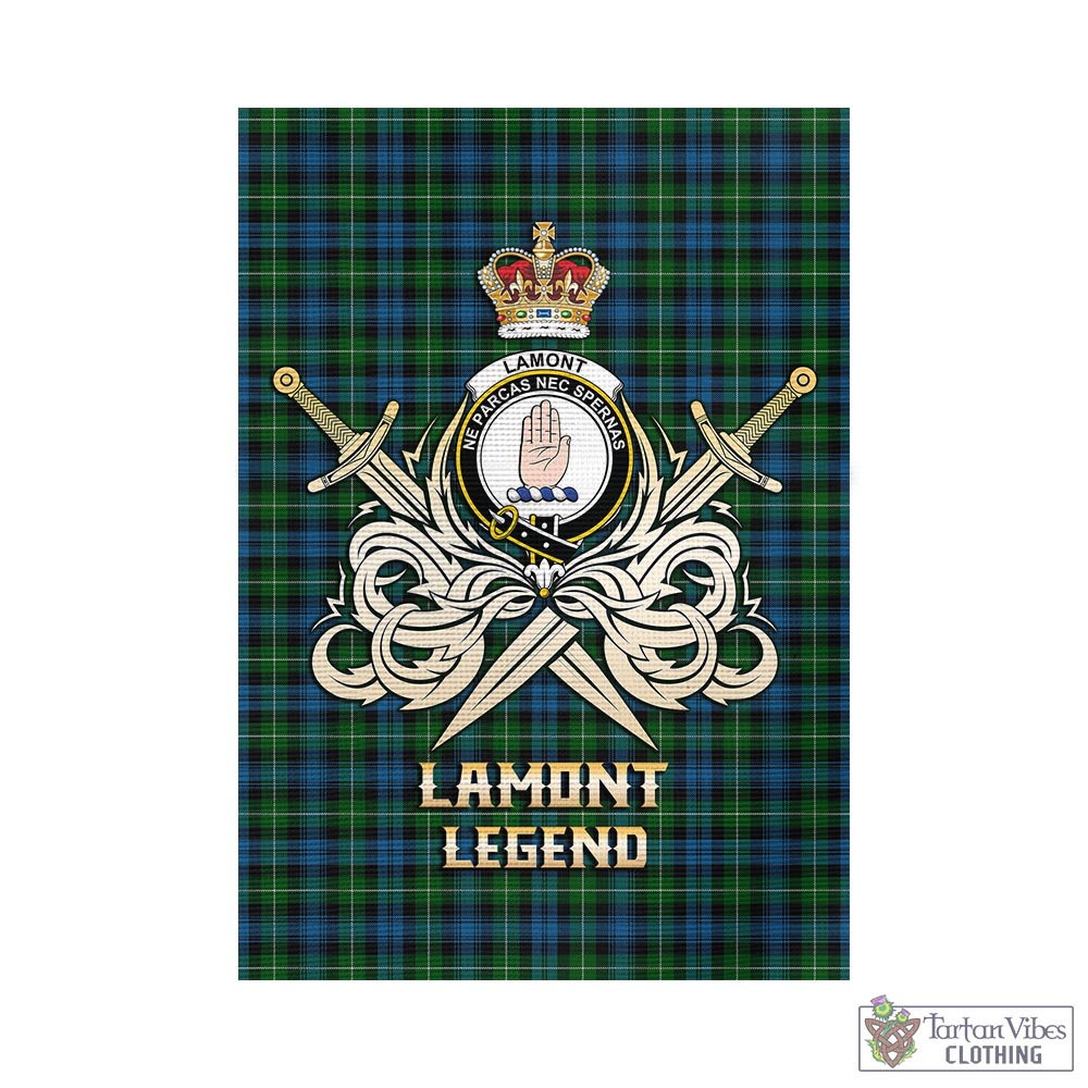 lamont-tartan-flag-with-clan-crest-and-the-golden-sword-of-courageous-legacy