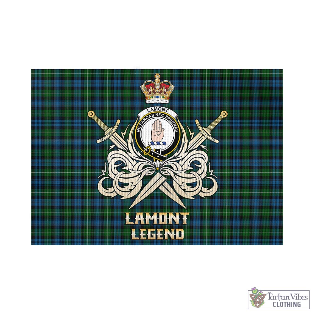 lamont-tartan-flag-with-clan-crest-and-the-golden-sword-of-courageous-legacy