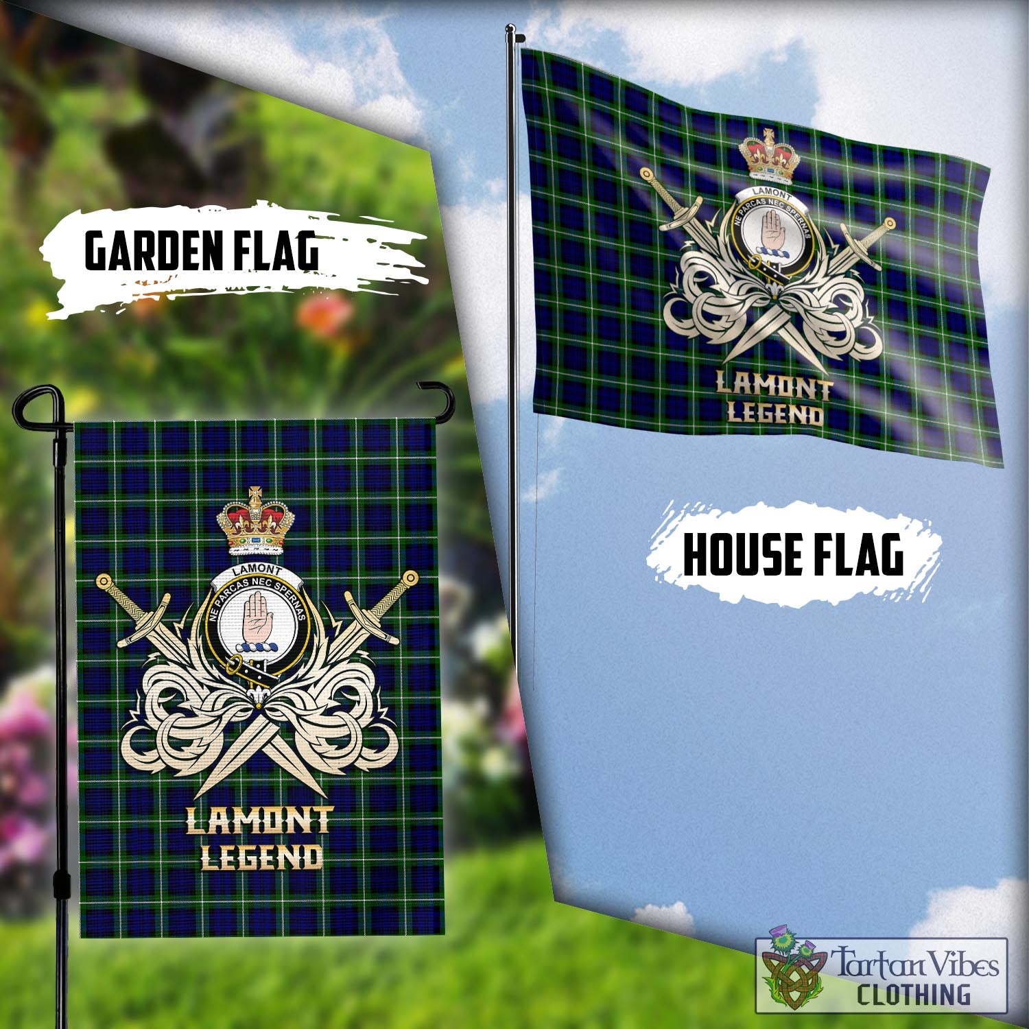 Tartan Vibes Clothing Lamont Modern Tartan Flag with Clan Crest and the Golden Sword of Courageous Legacy