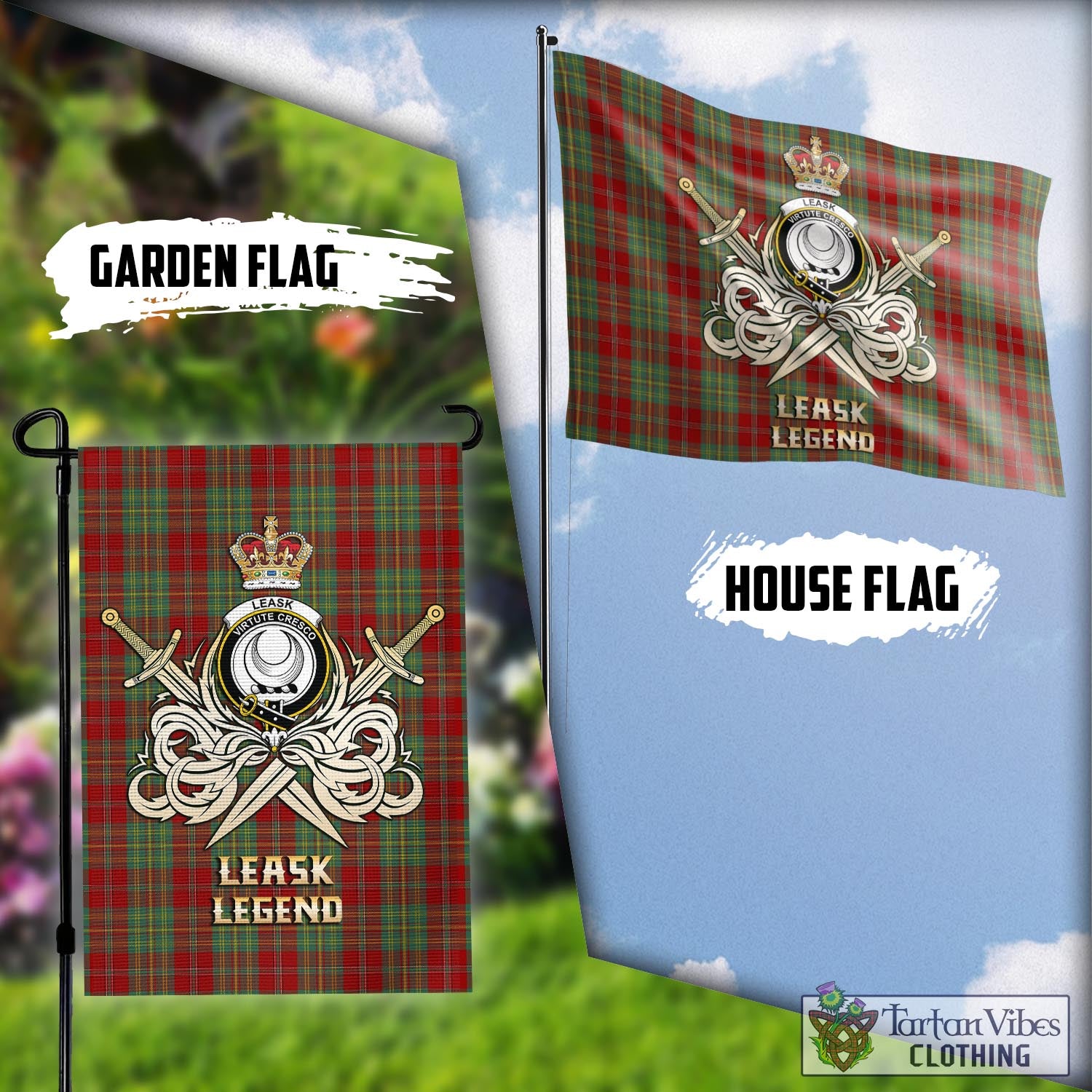 Tartan Vibes Clothing Leask Tartan Flag with Clan Crest and the Golden Sword of Courageous Legacy