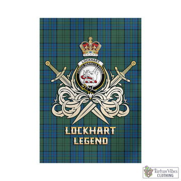 Lockhart Tartan Garden Flag with Clan Crest and the Golden Sword of Courageous Legacy - Tartan Vibes Clothing