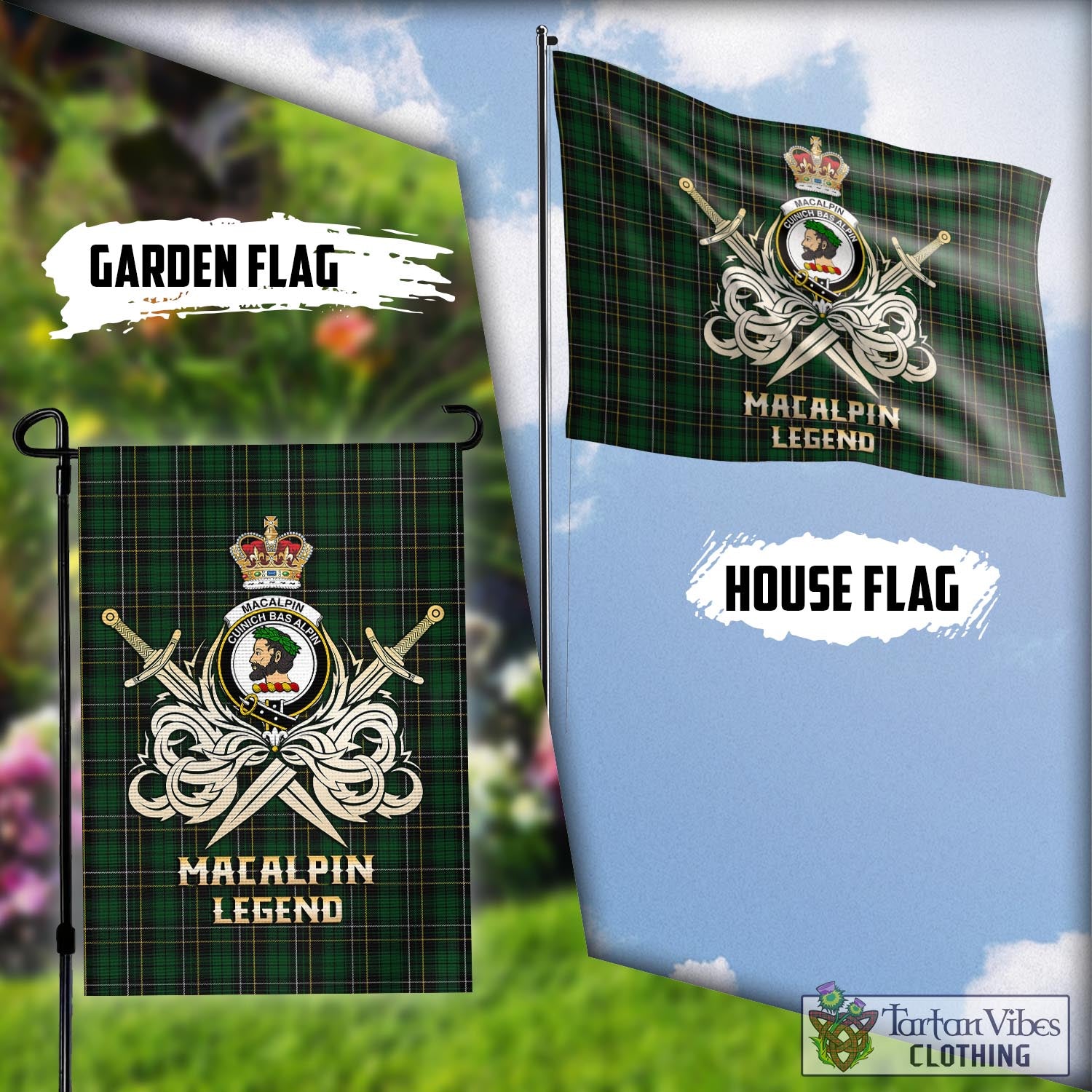 Tartan Vibes Clothing MacAlpin Tartan Flag with Clan Crest and the Golden Sword of Courageous Legacy