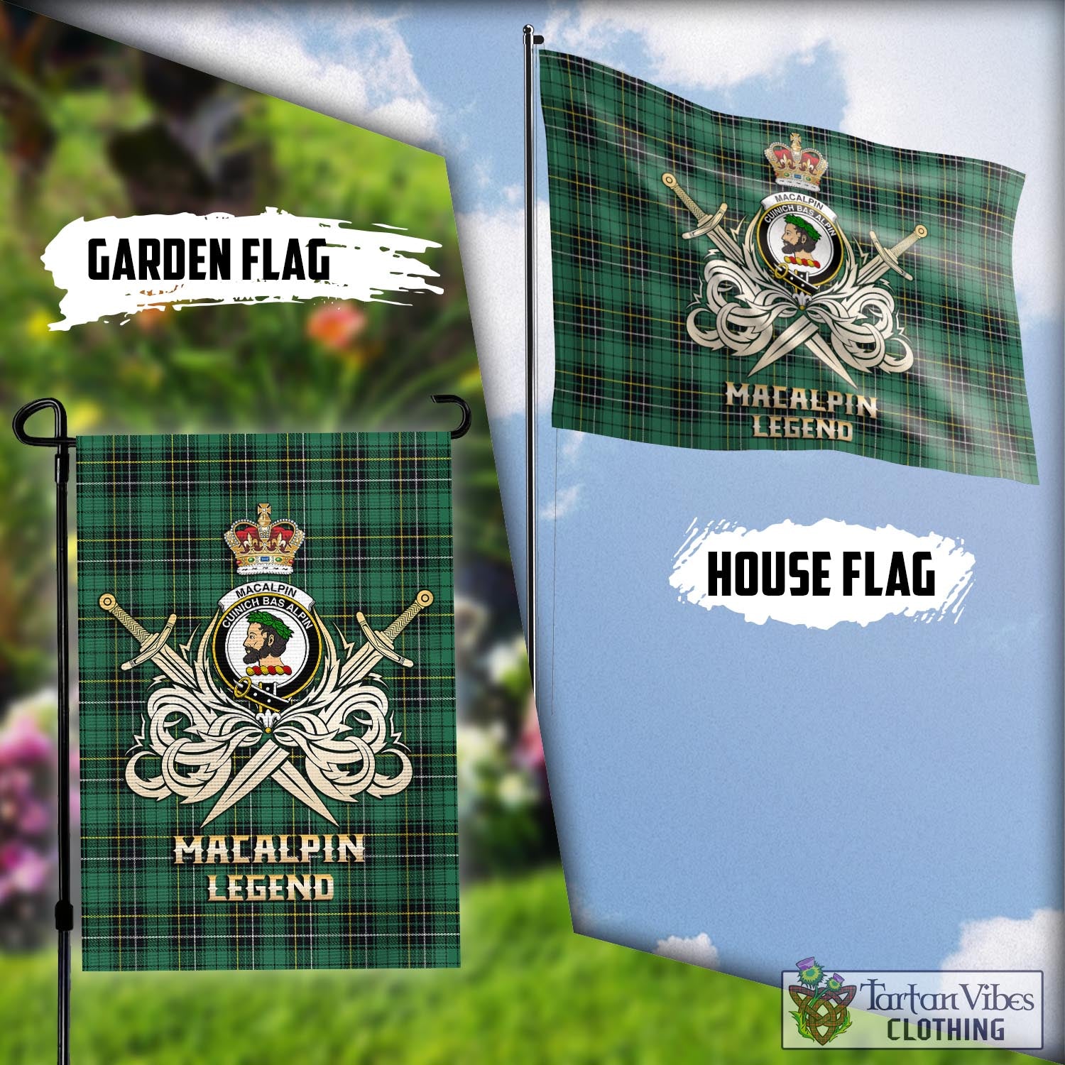 Tartan Vibes Clothing MacAlpin Ancient Tartan Flag with Clan Crest and the Golden Sword of Courageous Legacy
